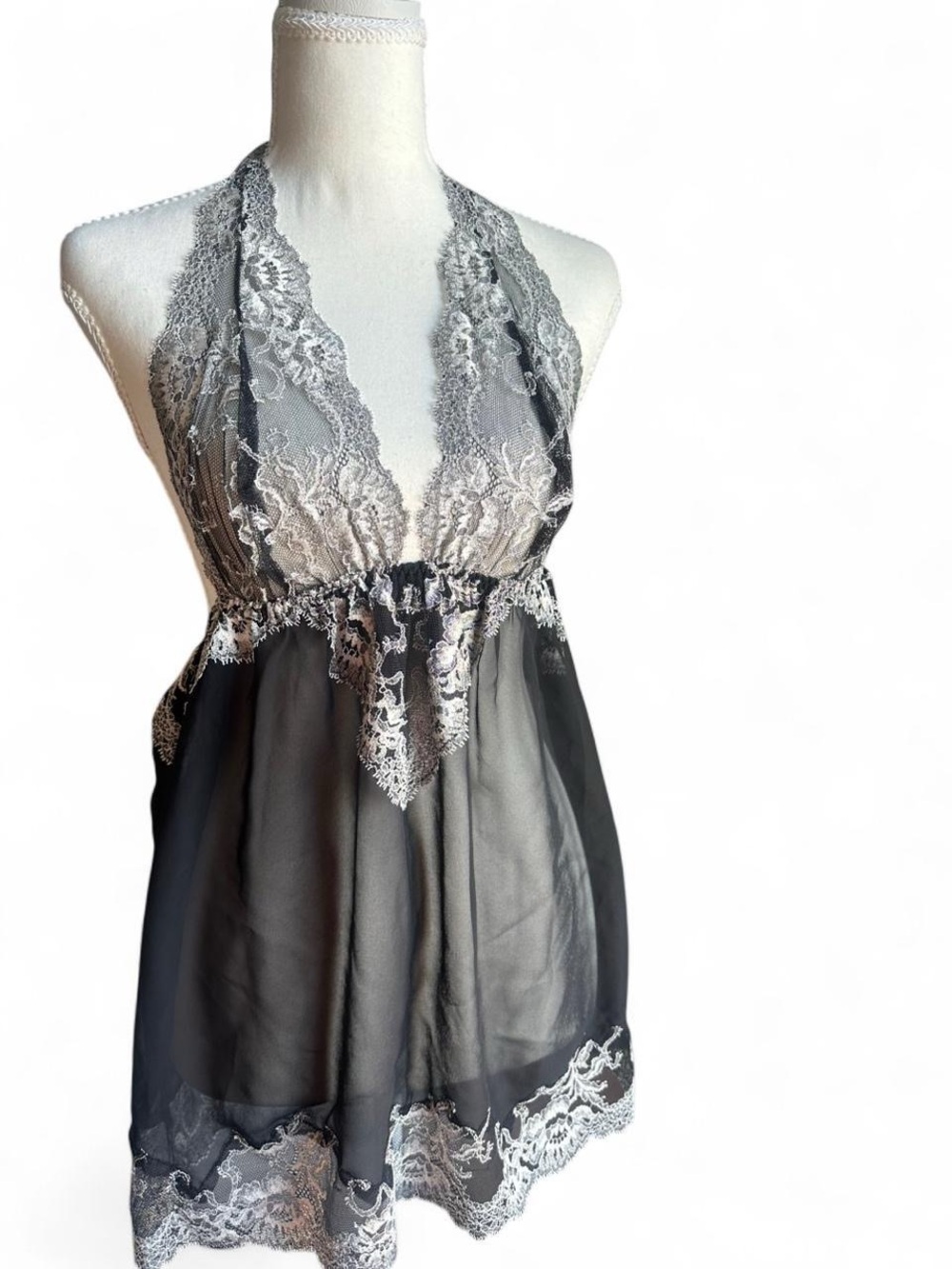 Vintage Victoria's Secret Black Sheer Halter Chemise with Silver Lace